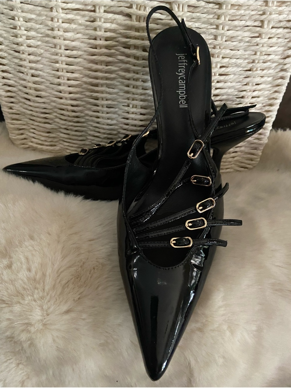 Jeffrey Campbell Patent Leather "Lash" Pointed Toe Slingback Kitten Heels. - Picture 9 of 11